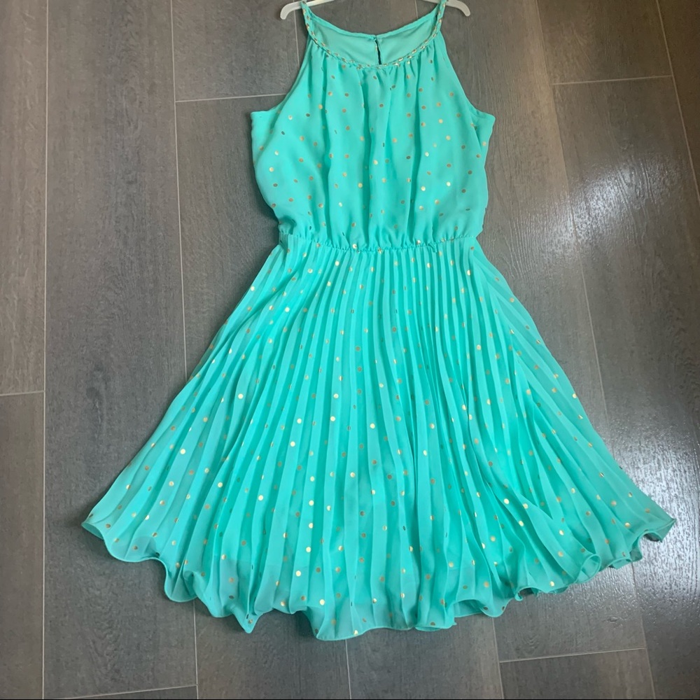 Cherokee Mint Green Gold Polka Dots Pleated Sleeveless Dress